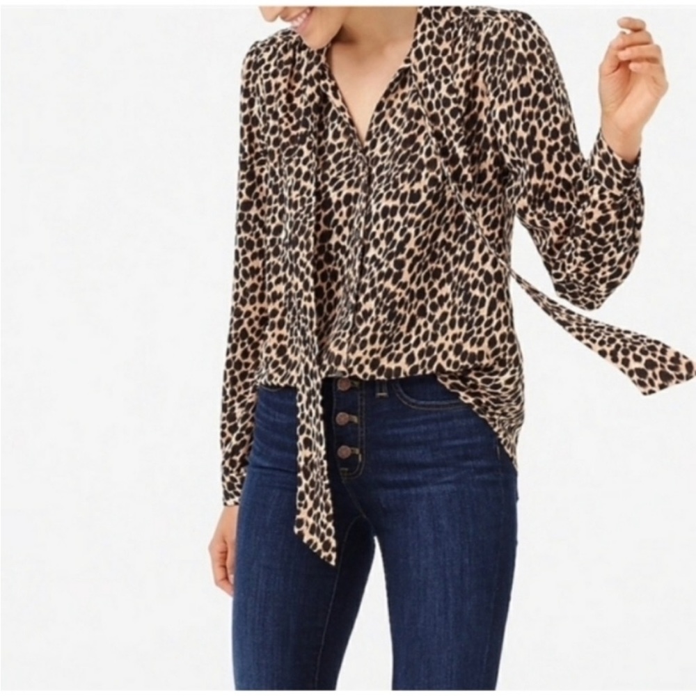 NWOT J Crew Silk Tie-Neck Leopard Animal Print Blouse Size Small